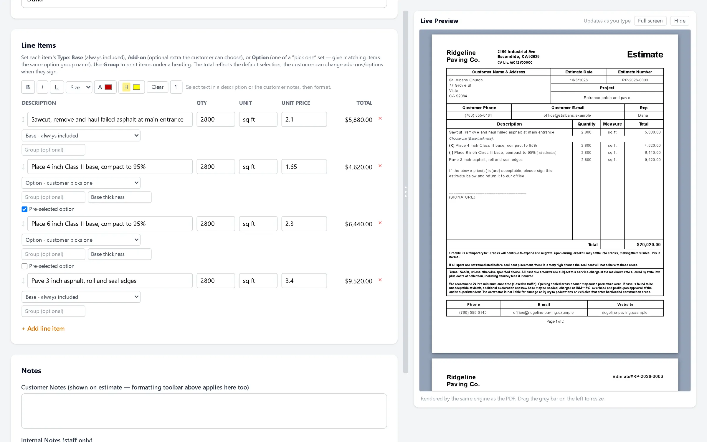 Estimate editor with line items, options and a live PDF preview